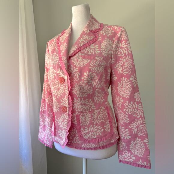 Sigrid Olsen Pink & Ivory Floral Print Linen Blend Single Breasted Blazer - Picture 4 of 9